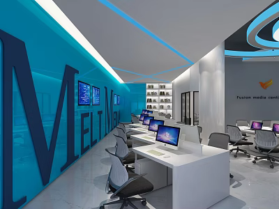 Modern Public Office Interior With Blue Walls White Desks Gray Chairs Computer Monitors And Shelves 3d model