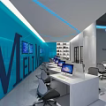 Modern Public Office Interior With Blue Walls White Desks Gray Chairs Computer Monitors And Shelves