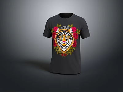 Black T-shirt Featuring Tiger Head Design With Roses And SYNDICATE Text 3d model