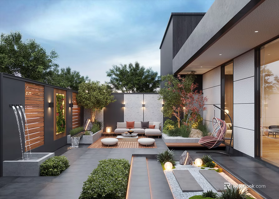 Modern Courtyard Garden Design With Fountain Sofa Seating Green Plants Lighting And Wooden Patio 3d model 