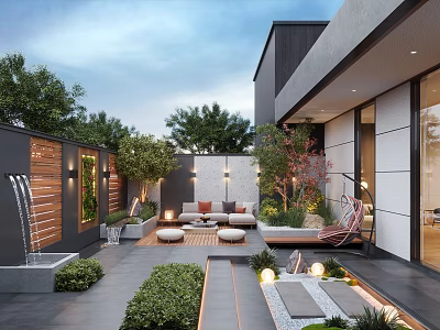 Modern Courtyard Garden Design With Fountain Sofa Seating Green Plants Lighting And Wooden Patio 3d model