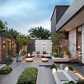 Modern Courtyard Garden Design With Fountain Sofa Seating Green Plants Lighting And Wooden Patio