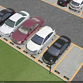 Neatly Arranged Parking Lot Featuring Multiple Colored Cars Yellow Stripes And Green Grass