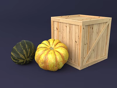 Yellow and Green Striped Pumpkins Placed Beside Wooden Crate on Dark Surface 3d model
