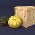 Yellow and Green Striped Pumpkins Placed Beside Wooden Crate on Dark Surface