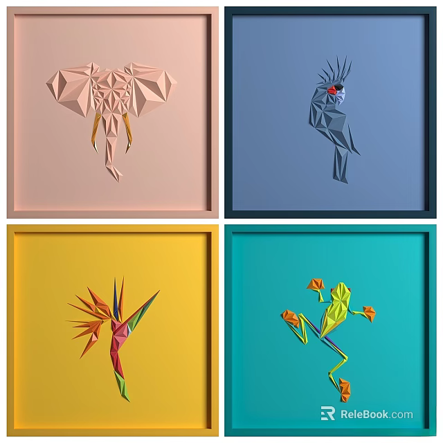 Vibrant Colorful Photo Wall With Framed Origami Animal Plant Artworks 3d model 