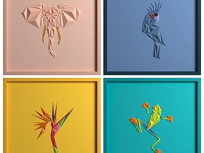 Vibrant Colorful Photo Wall With Framed Origami Animal Plant Artworks 3d model