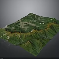 3D Terrain Model of Green Mountain Ranges With White Snowy Peaks on Black Background