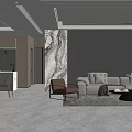 Modern Living And Dining Room Interior With Marble Wall Sofa Accent Chair And Lighting Design