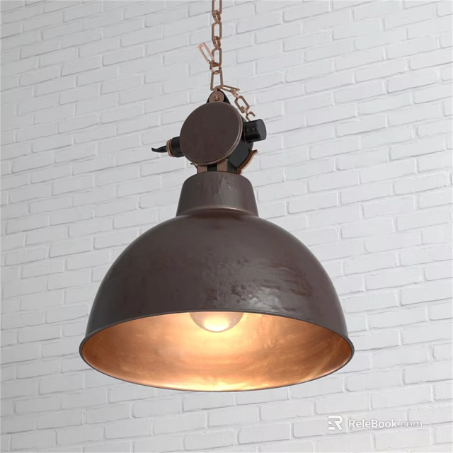 Industrial Brown Metal Pendant Light with Round Shade Against White Brick Wall 3d model 