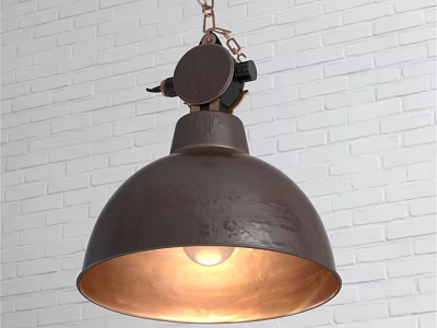 Industrial Brown Metal Pendant Light with Round Shade Against White Brick Wall 3d model