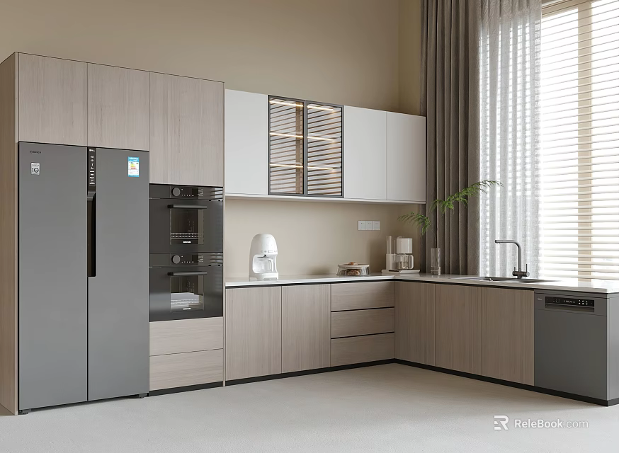 Modern Kitchen Interior Design With Light Wood And White Cabinets Refrigerator Oven Sink And Window 3d model 