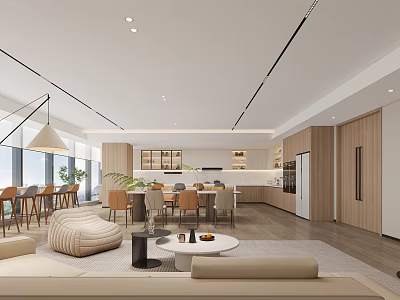 Modern Open Concept Break Room Interior With Comfortable Sofa Coffee Table And Wooden Cabinets 3d model