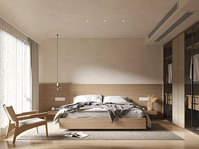 Neutral Toned Bedroom Interior With Wooden Platform Bed Built-In Wardrobe Area Rug And Accent Chair 3d model