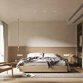Neutral Toned Bedroom Interior With Wooden Platform Bed Built-In Wardrobe Area Rug And Accent Chair