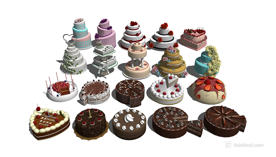Assorted Decorated Cakes With Cream Frosting Chocolate Layers And Fruit Toppings 3d model 