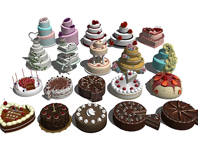 Assorted Decorated Cakes With Cream Frosting Chocolate Layers And Fruit Toppings 3d model