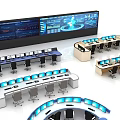 Modern High Tech Office Desk Layout With Curved Workstations Multiple Monitors And Black Chairs 3d model