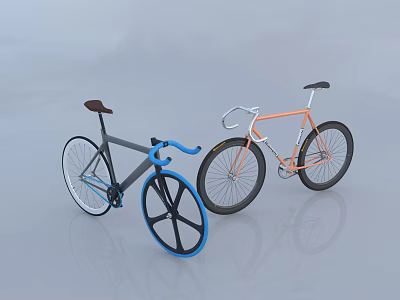 Two Stylish Bicycles With Blue And Orange Frames Brown Seats And Unique Handlebar Designs 3d model