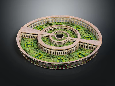 Multi Tiered Circular Garden Design With Circular Architecture Green Plants And Arched Doorways 3d model