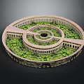 Multi Tiered Circular Garden Design With Circular Architecture Green Plants And Arched Doorways