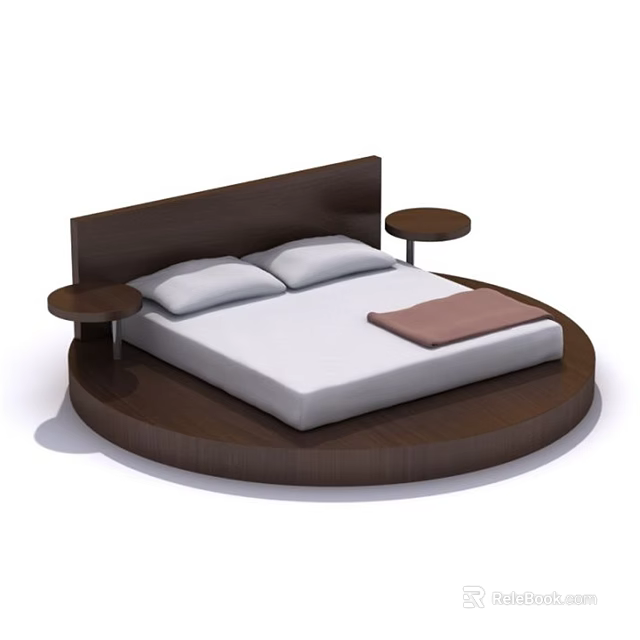 Round Bed with Wooden Headboard White Mattress Two Pillows Pink Throw Blanket and Side Nightstands 3d model 
