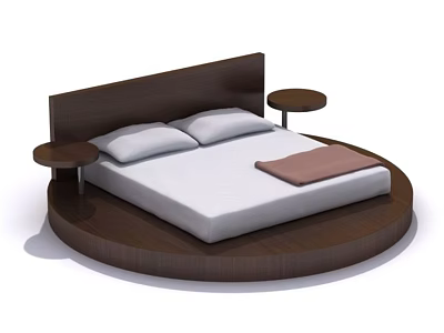 Round Bed with Wooden Headboard White Mattress Two Pillows Pink Throw Blanket and Side Nightstands 3d model