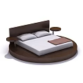 Round Bed with Wooden Headboard White Mattress Two Pillows Pink Throw Blanket and Side Nightstands