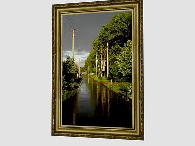 Decorative Photo Frame With Canal Scene Featuring Trees Utility Poles And Water Reflection 3d model