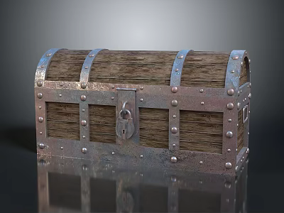 Vintage Wooden Storage Chest Furniture With Metal Bands And Rivets Design 3d model