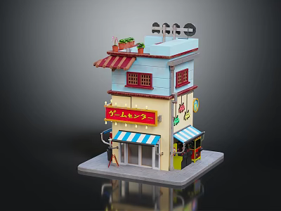 Two Story Small Shop Building With Blue Yellow Exterior Red Signage Striped Awning And Roof Plants 3d model