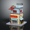 Two Story Small Shop Building With Blue Yellow Exterior Red Signage Striped Awning And Roof Plants