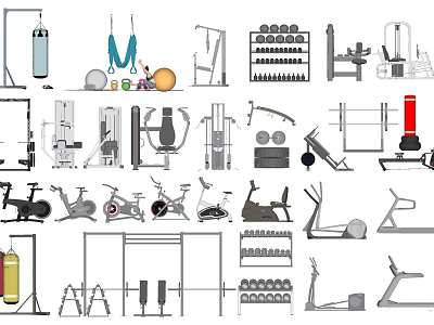 Various Types of Sports Equipment Including Treadmills Dumbbells and Exercise Bikes for Gym Workouts 3d model