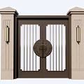 Building Facade Featuring Metal Gate Side Pillars And Circular Ornament Lights 3d model