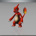 Red Creature With Flame Tail Green Eyes And White Claws Standing On Black Surface