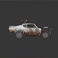 Old Rusty Car With Machine Gun On Roof Exposed Engine Scattered Parts And Colorful Stains