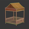Wooden Gazebo Structure With Striped Roof Lattice Design And Surrounding Fence