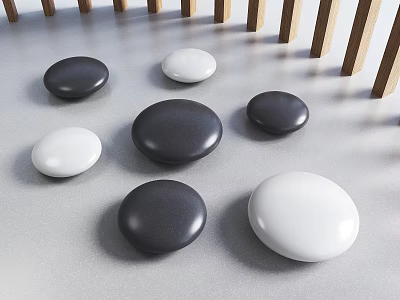 Pebble Shaped Black And White Circular Landscape Seats On Ground With Wooden Fence 3d model