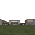 Modern School Buildings On Green Campus With Blue Sky And Lawn Area