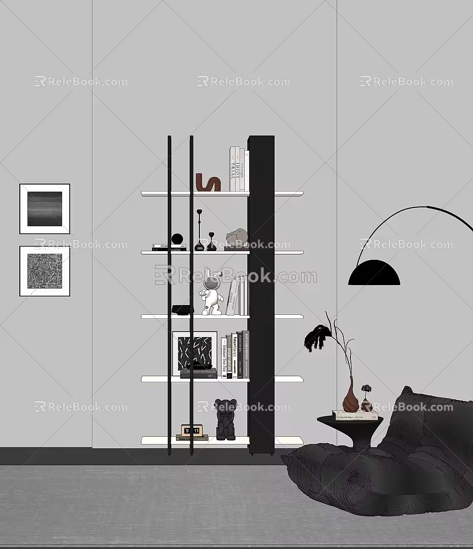 Modern Bookshelf Book Ornaments Decorations Single Sofa Side Floor Lamp Decorative Painting 3d model