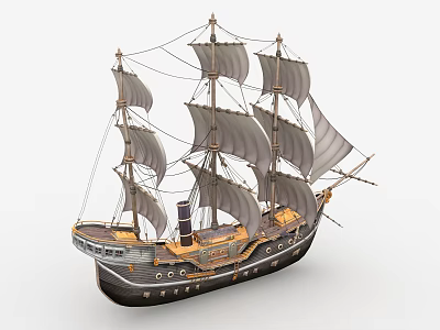 Detailed 3D Model of Sailing Ship With Multiple Sails Gray Black Hull and Yellow Details 3d model