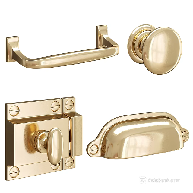 Elegant Golden Decorative Hardware Set with Door Handles Drawer Pulls and Latch Plates 3d model 