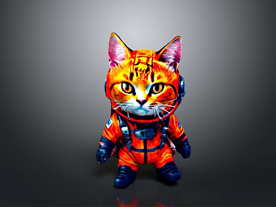 Colorful Stuffed Cat in Orange Astronaut Suit with Blue Boots and Yellow Eyes 3d model