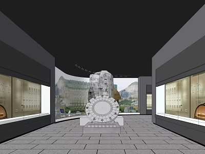 Modern Museum Exhibition Hall With Central Sculpture And Glass Display Cases 3d model