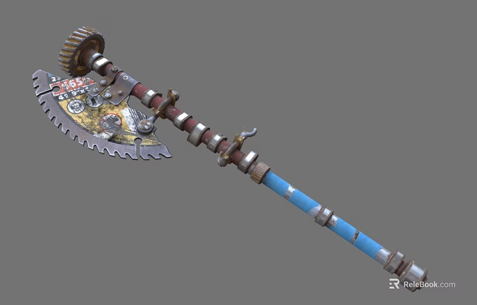 Steampunk Style Weapon With Gear Mechanism Serrated Blade Metal Parts And Blue Handle 3d model 