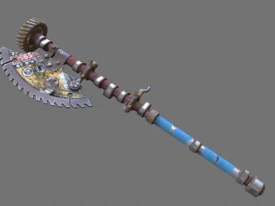 Steampunk Style Weapon With Gear Mechanism Serrated Blade Metal Parts And Blue Handle 3d model