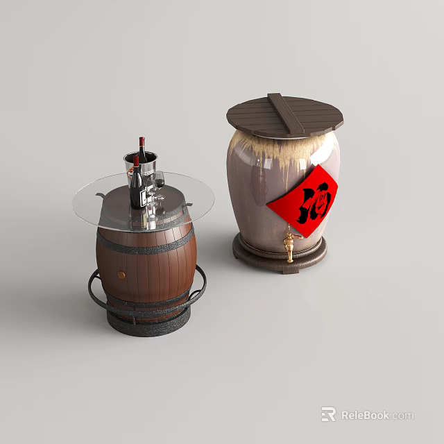 Wine Bottle And Wine Glass Display In Wooden Barrel With Decorative Wine Jar And Red Accent 3d model 