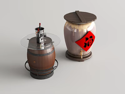 Wine Bottle And Wine Glass Display In Wooden Barrel With Decorative Wine Jar And Red Accent 3d model