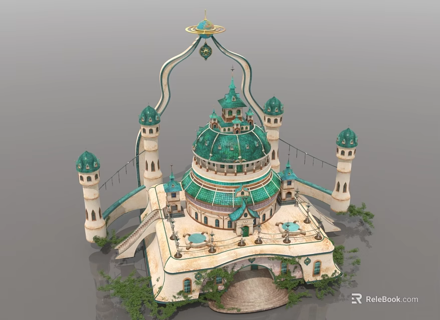 Detailed Architectural Model With Green Dome Multiple Towers Arched Connections And Decorative Courtyard 3d model 