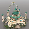 Detailed Architectural Model With Green Dome Multiple Towers Arched Connections And Decorative Courtyard